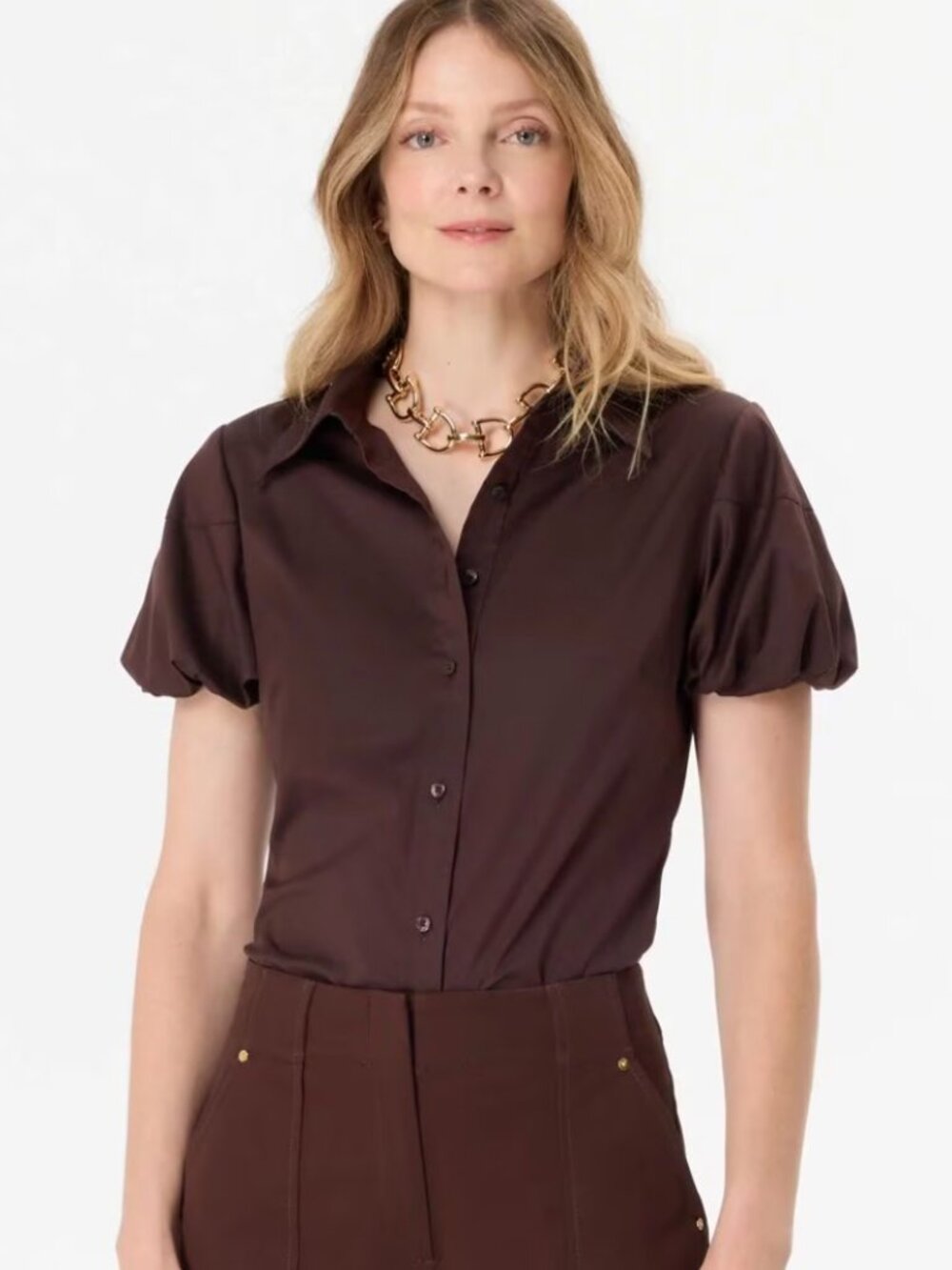 White House Black Market Puff Sleeve Poplin Shirt Brown Size 12